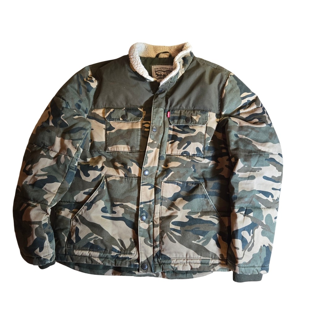 Levi's Mens Camouflage Print Trucker Jacket Sherpa Collar Button Front L